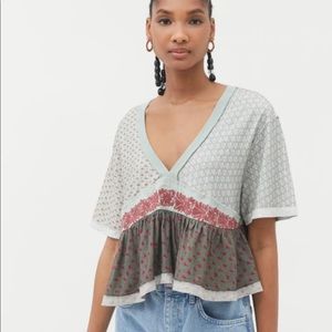 Urban Outfitters olive oversized babydoll embroidered top